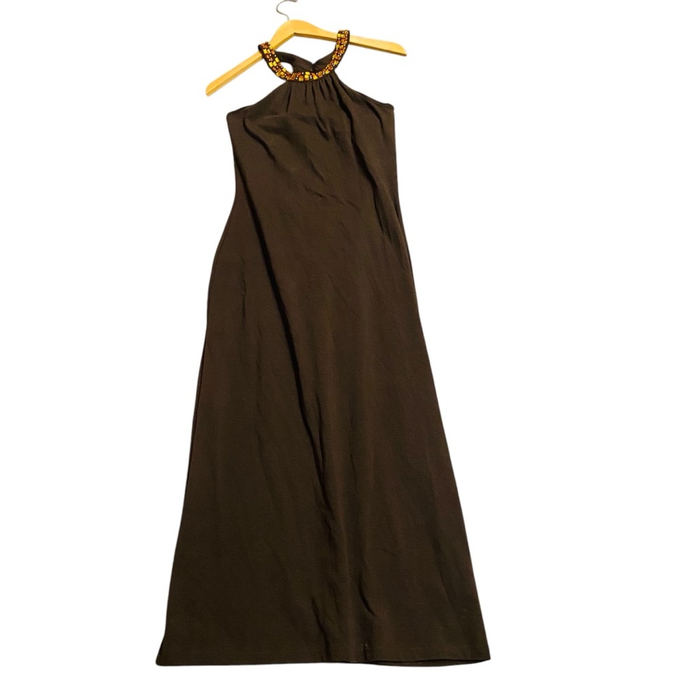 MODA INTERNATIONAL Vintage Victorias Secret Y2 K Brown Jeweled Halter Midi Dress